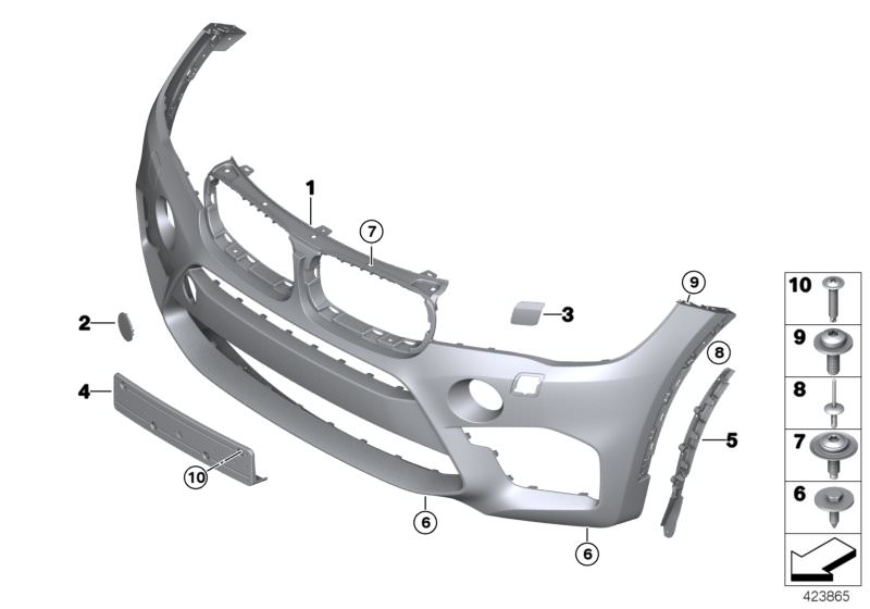 Picture board M trim panel, front for the BMW X Series models  Original BMW spare parts from the electronic parts catalog (ETK) for BMW motor vehicles (car)   Adapter, wheel arch trim, front right, Cover, towing lug, front, primed, Expanding rivet, black,