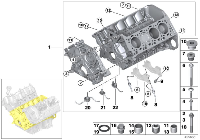Picture board Engine block for the BMW 6 Series models  Original BMW spare parts from the electronic parts catalog (ETK) for BMW motor vehicles (car)   ASA-Bolt, Collar screw, Dowel, Engine block with piston, Gasket ring, Oil Spraying Nozzle, Screw, Screw