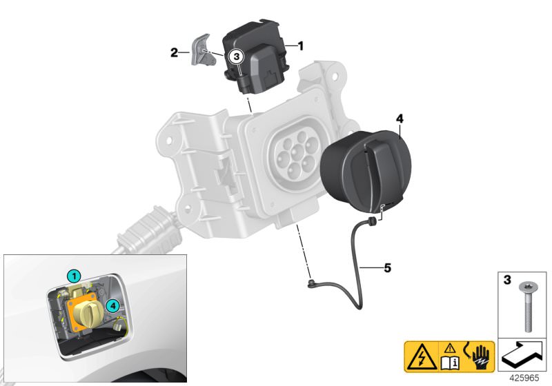 Picture board Charging socket for the BMW i Series models  Original BMW spare parts from the electronic parts catalog (ETK) for BMW motor vehicles (car)   Cover, charging socket, Drive, charge socket lock, Emergency release, Holding strap, Screw