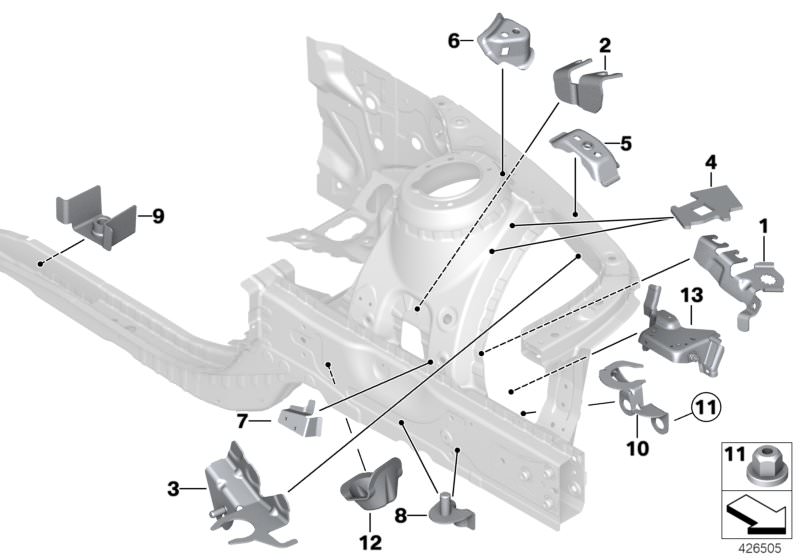 Picture board FRONT BODY BRACKET LEFT for the BMW 2 Series models  Original BMW spare parts from the electronic parts catalog (ETK) for BMW motor vehicles (car)   Bracket RDS/BVA, left, Bracket, AGD, left, Bracket, cable harness, Bracket, intake silencer,