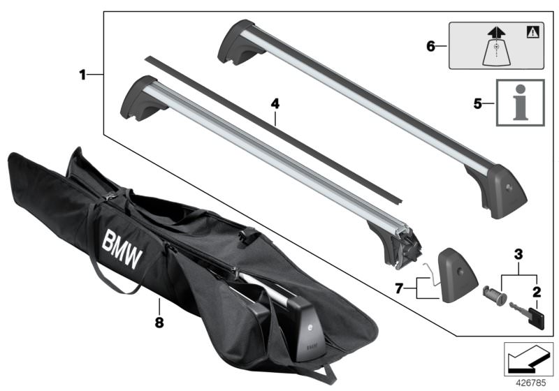 Illustration du Support de barre de toit pour les BMW X Série Modèles  Pièces de rechange d'origine BMW du catalogue de pièces électroniques (ETK) pour véhicules automobiles BMW (voiture) 