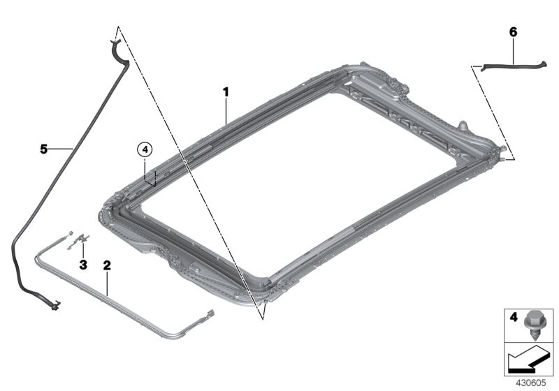 Bildtafel Panoramadach Anbauteile für die BMW X Modelle  Original BMW Ersatzteile aus dem elektronischen Teilekatalog (ETK) für BMW Kraftfahrzeuge( Auto)    Gelenk Windabweiser, Leitungshalter, Schiebedachrahmen, Schraube selbstschneidend, Wasserablaufsch