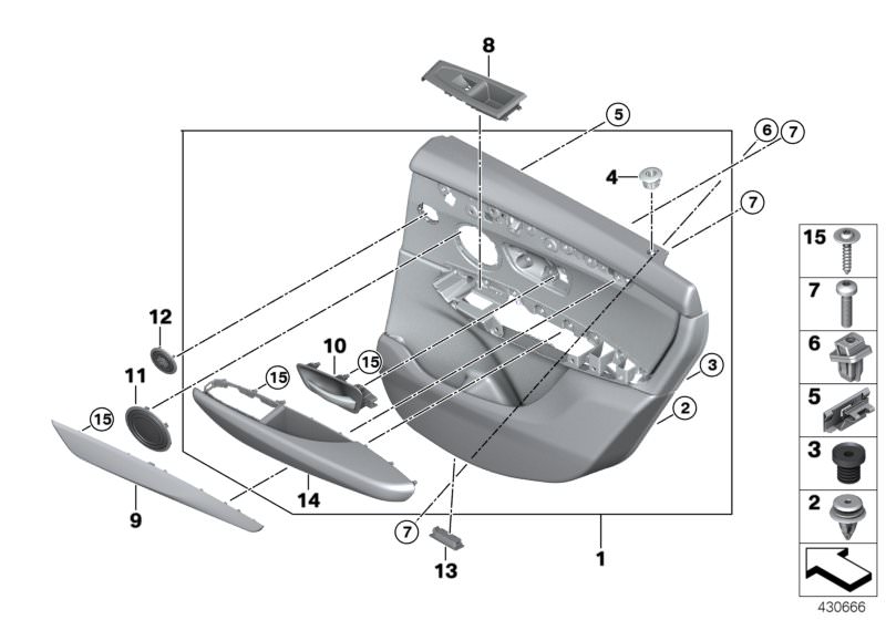 Bildtafel Türverkleidung hinten für die BMW 2er Modelle  Original BMW Ersatzteile aus dem elektronischen Teilekatalog (ETK) für BMW Kraftfahrzeuge( Auto)    Anschlagpuffer, Armauflage rechts, Blende Alu Längsschliff Tür rechts, Blende Lautsprecher Hochton