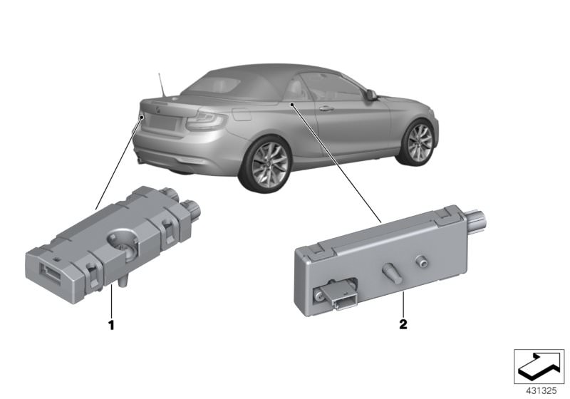 Picture board Components, antenna amplifier for the BMW 2 Series models  Original BMW spare parts from the electronic parts catalog (ETK) for BMW motor vehicles (car)   Amplifier DAB, Antenna amplifier FM