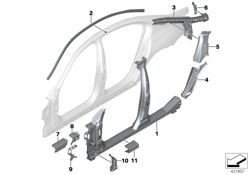 Picture board Side frame, middle for the BMW 7 Series models  Original BMW spare parts from the electronic parts catalog (ETK) for BMW motor vehicles (car)   Bracket, opening aid, right, Bulkhead plate, A-pillar right, C-pillar reinforcement, right, C-pil
