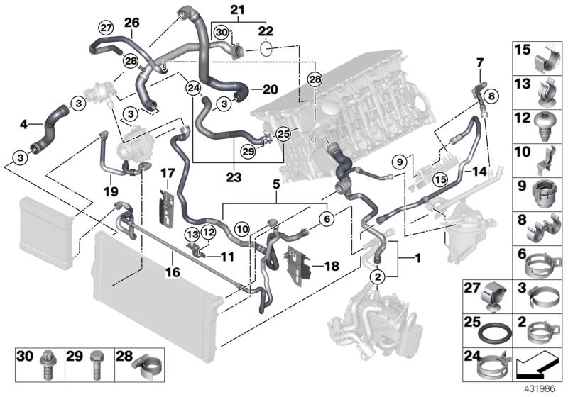 Picture board Cooling system coolant hoses for the BMW 6 Series models  Original BMW spare parts from the electronic parts catalog (ETK) for BMW motor vehicles (car)   ASA-Bolt, Blind plug, Bracket, coolant hose, Cable clamp, Clip, Coolant hose, Feed line