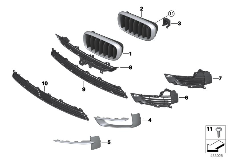 Picture board Trim panel, trim elements, front for the BMW X Series models  Original BMW spare parts from the electronic parts catalog (ETK) for BMW motor vehicles (car)   Fillister head screw, Grille, front, left, Grille, middle bottom, Grille, middle to