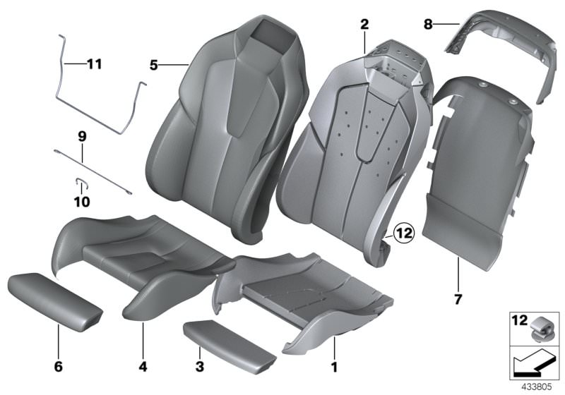Picture board Seat, front, cushion and cover for the BMW 6 Series models  Original BMW spare parts from the electronic parts catalog (ETK) for BMW motor vehicles (car)   Cable clip, Clamp, Clip, cover, bottom, Cover, comf.backr., rear, leather, right, Cov
