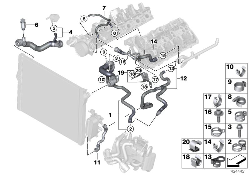 Illustration du Flexibles système de refroidissement pour les BMW 6 Série Modèles  Pièces de rechange d'origine BMW du catalogue de pièces électroniques (ETK) pour véhicules automobiles BMW (voiture)   Bracket, coolant hose, Clip, Coolant hose, Diagnosis 