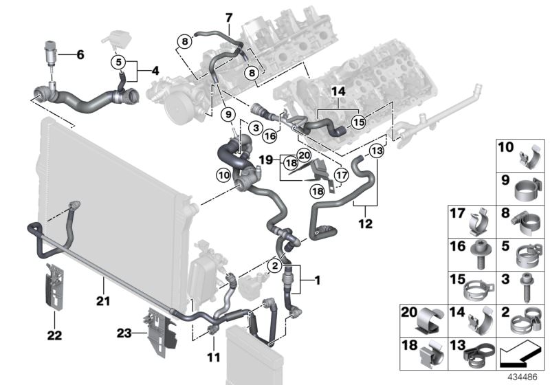 Picture board Cooling system coolant hoses for the BMW 6 Series models  Original BMW spare parts from the electronic parts catalog (ETK) for BMW motor vehicles (car)   Bracket, coolant hose, Clip, Coolant hose, Diagnosis plug bracket, Fillister head screw