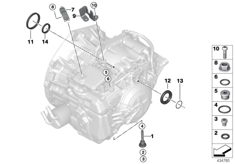Illustration du GA8F22AW éléments rapportés/joints pour les BMW X Série Modèles  Pièces de rechange d'origine BMW du catalogue de pièces électroniques (ETK) pour véhicules automobiles BMW (voiture)   Gear selector lever, Hex nut, Holder, O-ring, Overflow 