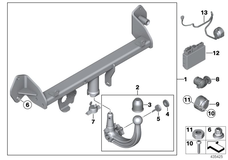 Picture board Towing hitch, detachable for the BMW 5 Series models  Original BMW spare parts from the electronic parts catalog (ETK) for BMW motor vehicles (car)   Adapter, Blind plug, Control unit, trailer tow hitch, Countersunk screw, Hex nut, KEY (CODE