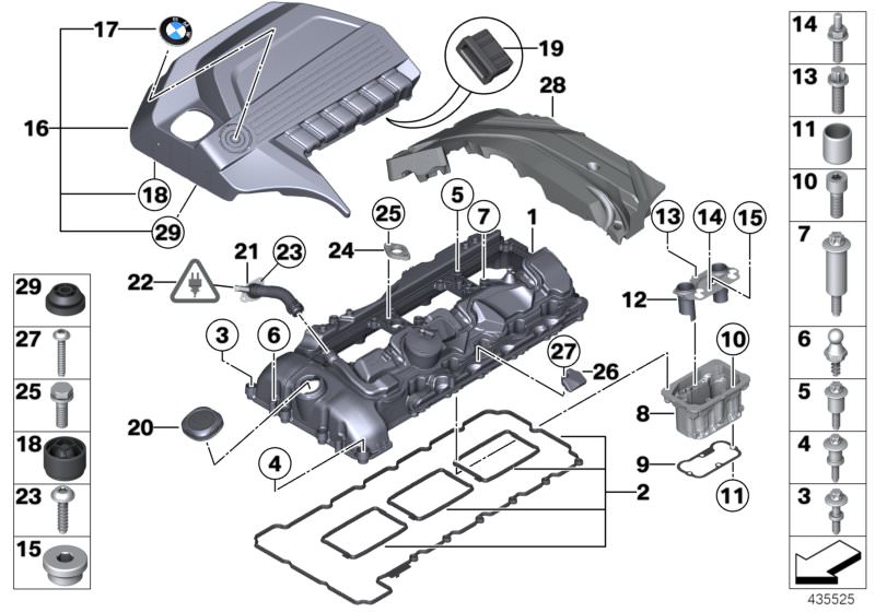Picture board Cylinder head cover for the BMW 5 Series models  Original BMW spare parts from the electronic parts catalog (ETK) for BMW motor vehicles (car)   Absorber, ASA screw, thread-forming, ASA-Bolt, Ball pin, Bump stop, Covering, rear, Cylinder hea