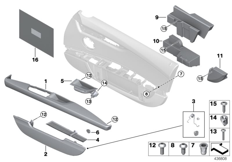 Picture board Mounting parts, door trim panel II for the BMW Z Series models  Original BMW spare parts from the electronic parts catalog (ETK) for BMW motor vehicles (car)   Armrest, leather left, Blind rivet nut, flat headed, Cover plug, Crash pad, rear 