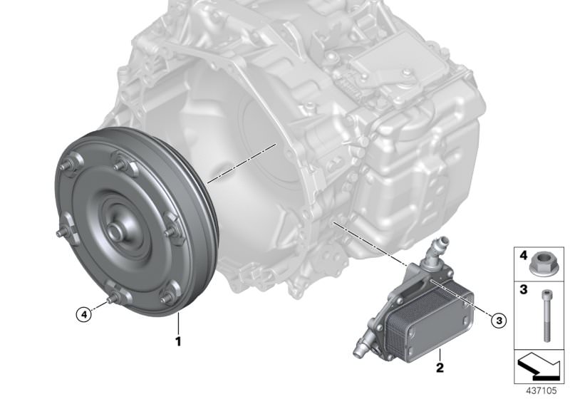 Picture board GA8F22AW torque converter/oil cooler for the BMW X Series models  Original BMW spare parts from the electronic parts catalog (ETK) for BMW motor vehicles (car)   Heat exchanger, Hex nut, ISA screw, Torque converter