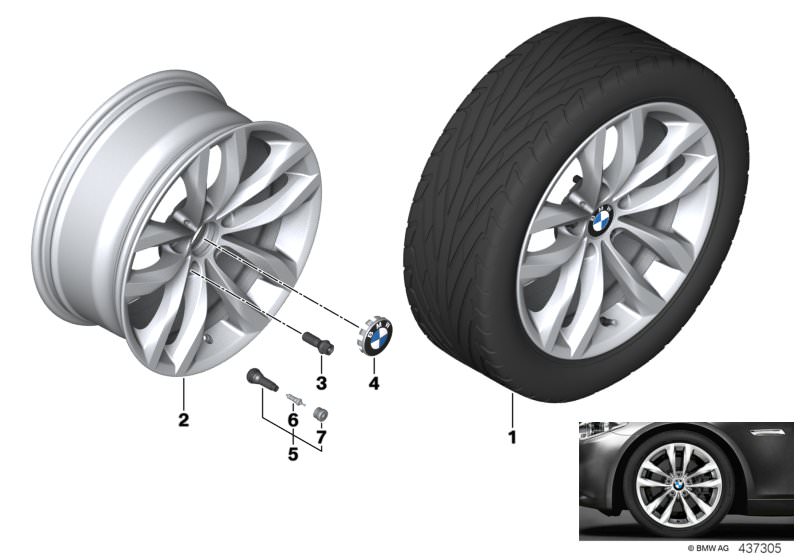 Illustration du BMW LA wheel styling 609 - 18´´ pour les BMW 5 Série Modèles  Pièces de rechange d'origine BMW du catalogue de pièces électroniques (ETK) pour véhicules automobiles BMW (voiture)   Hub cap with chrome edge, Light alloy rim, Screw-in valve,