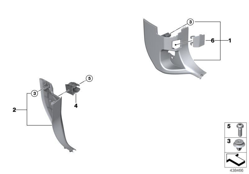 Picture board Trim panel leg room for the BMW X Series models  Original BMW spare parts from the electronic parts catalog (ETK) for BMW motor vehicles (car)   Clip, Lateral trim panel, right, OBD plug cover, Screw, Warning torch holder