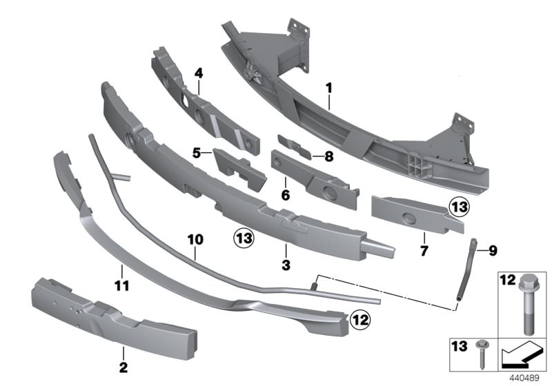 Picture board Support, front II for the BMW 3 Series models  Original BMW spare parts from the electronic parts catalog (ETK) for BMW motor vehicles (car)   BRACKET ACCELERATION SENSOR, Carrier, bumper front, Carrier, bumper, front bottom, Hex Bolt with w