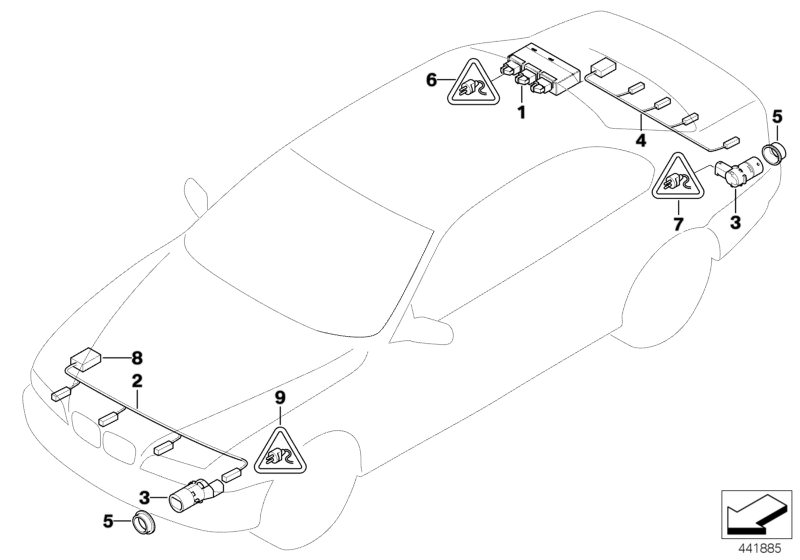 Illustration du Système d`aide au stationnement (PDC) pour les BMW 5 Série Modèles  Pièces de rechange d'origine BMW du catalogue de pièces électroniques (ETK) pour véhicules automobiles BMW (voiture)   Control unit PDC, Decoupling ring PDC torque convert