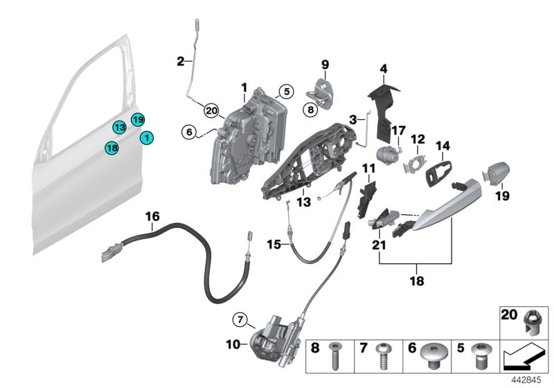 Bildtafel Schliesssystem Tür vorn für die BMW X Modelle  Original BMW Ersatzteile aus dem elektronischen Teilekatalog (ETK) für BMW Kraftfahrzeuge( Auto)    Abdeckung Bowdenzug rechts, Abdeckung grundiert rechts, Adapter Träger vorn rechts, Befestigungsgl