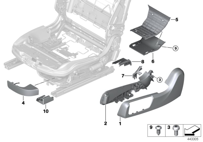 Picture board Seat, front, seat panels, electrical for the BMW 4 Series models  Original BMW spare parts from the electronic parts catalog (ETK) for BMW motor vehicles (car)   Belt guide, bottom, Cover, front right, Covering left, Fillister head screw, Se