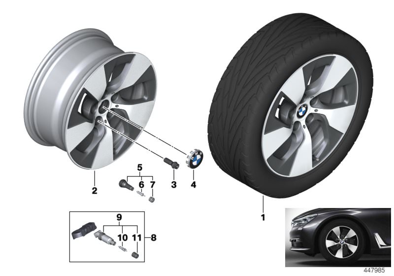 Picture board BMW LA wheel turbine styling 645 - 17´´ for the BMW 5 Series models  Original BMW spare parts from the electronic parts catalog (ETK) for BMW motor vehicles (car)   Disc wheel, light alloy, Orbitgrey, Hub cap with chrome edge, Repair kit, sc