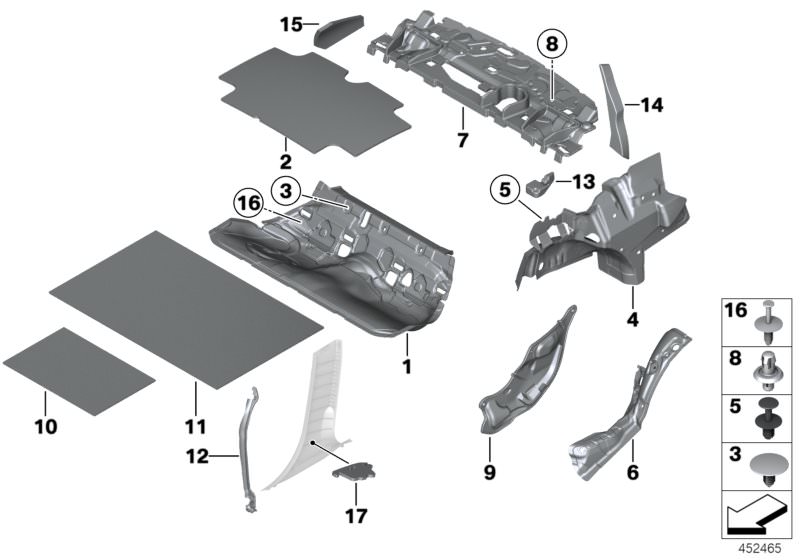 Picture board SOUND INSULATING REAR for the BMW 3 Series models  Original BMW spare parts from the electronic parts catalog (ETK) for BMW motor vehicles (car)   Absorber, C-pillar, right, Clip, Expanding rivet, Fixing plug, Seal, C-pillar, left, Sealing s