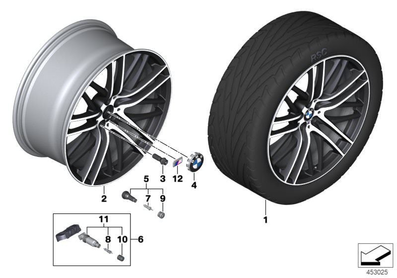 Picture board BMW LA wheel M double spoke 650M - 21´´ for the BMW 7 Series models  Original BMW spare parts from the electronic parts catalog (ETK) for BMW motor vehicles (car)   Disc wheel, light alloy, bright-turned, Hub cap with chrome edge, M badge, R
