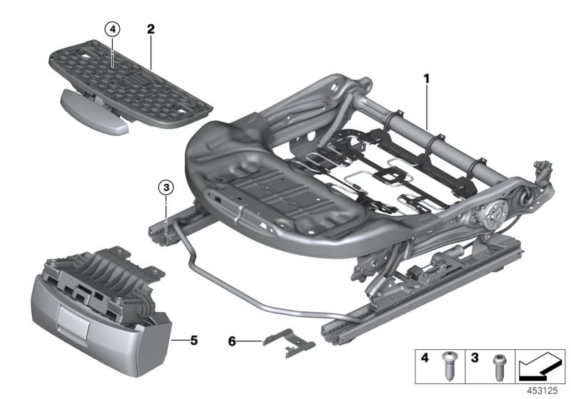 Bildtafel Sitz vorn Sitzrahmen für die BMW 2er Modelle  Original BMW Ersatzteile aus dem elektronischen Teilekatalog (ETK) für BMW Kraftfahrzeuge( Auto)    Ablagefach rechts, Blechschraube, Klammer, Sitzmechanik Basissitz rechts, Träger Oberschenkelauflag