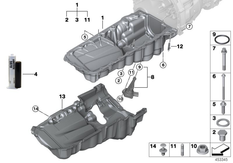 Picture board Oil pan for the BMW 4 Series models  Original BMW spare parts from the electronic parts catalog (ETK) for BMW motor vehicles (car)   Acoustic cover, oil sump, ASA-Bolt, Blind plug, Fixing plug, Gasket, Gasket ring, Hex nut, Liquid sealant, L