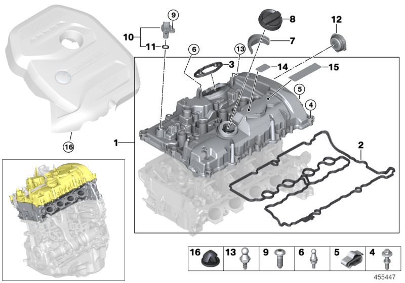 Picture board Cylinder head cover/Mounting parts for the BMW 7 Series models  Original BMW spare parts from the electronic parts catalog (ETK) for BMW motor vehicles (car)   Ball pin, Bump stop, Camshaft sensor, Collar screw, Cylinder head cover, Drip pro