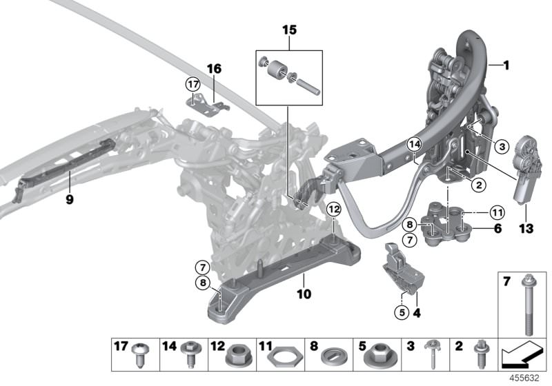 Illustration du Support et parties d`articulation pour les BMW 4 Série Modèles  Pièces de rechange d'origine BMW du catalogue de pièces électroniques (ETK) pour véhicules automobiles BMW (voiture)   ASA screw with washer, ASA-Bolt, BASE PLATE RIGHT, Brack