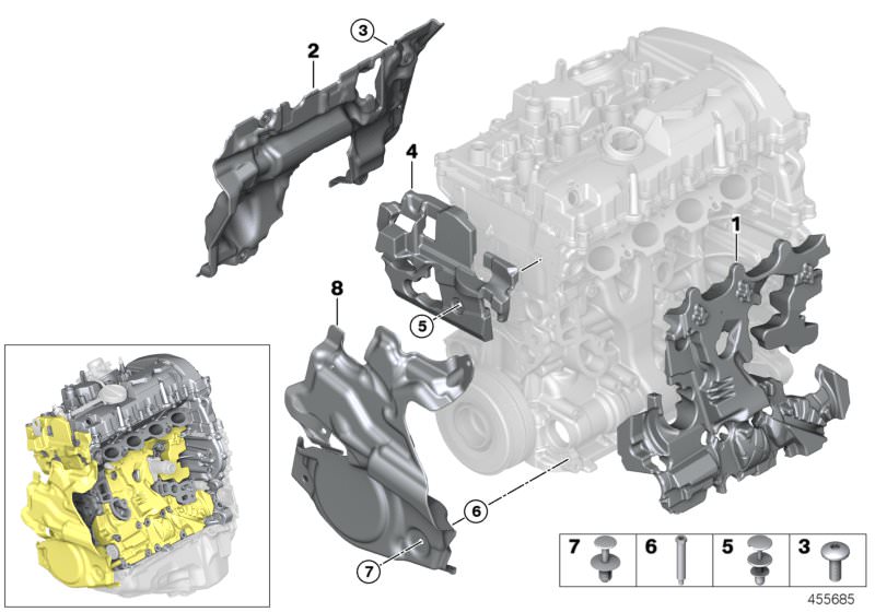 Picture board Engine acoustics for the BMW 7 Series models  Original BMW spare parts from the electronic parts catalog (ETK) for BMW motor vehicles (car)   Cover, front, Engine encapsulation, front top, Engine encapsulation, left, Engine encapsulation, ri