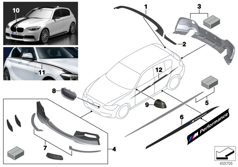 Picture board M Performance accessories for the BMW 1 Series models  Original BMW spare parts from the electronic parts catalog (ETK) for BMW motor vehicles (car) 