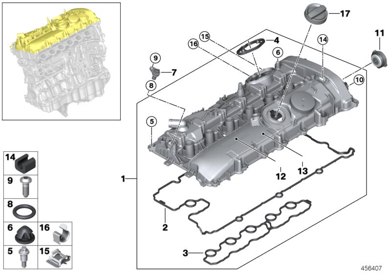 Picture board Cylinder head cover/Mounting parts for the BMW 4 Series models  Original BMW spare parts from the electronic parts catalog (ETK) for BMW motor vehicles (car)   ASA-Bolt, Bump stop, Cable clamp, Cable holder, Cylinder head cover, Damper rubbe