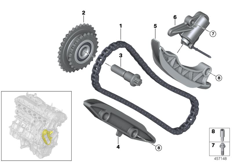 Picture board Timing - Timing Chain Lower P for the BMW X Series models  Original BMW spare parts from the electronic parts catalog (ETK) for BMW motor vehicles (car)   ASA-Bolt, Bearing bolt, Bearing screw, Chain, Chain tensioner, Guide rail, Sprocket