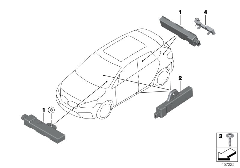 Picture board Single parts, aerial, comfort access for the BMW 2 Series models  Original BMW spare parts from the electronic parts catalog (ETK) for BMW motor vehicles (car)   External aerial, Comfort Access, Holder, aerial, Comfort Access, Interior aeria
