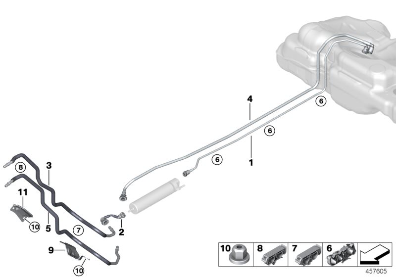Picture board Fuel Pipe and Mounting Parts for the BMW 2 Series models  Original BMW spare parts from the electronic parts catalog (ETK) for BMW motor vehicles (car)   FRONT FUEL FEED LINE, FRONT FUEL RETURN LINE, Fuel feed line, Fuel feed line, filter, F