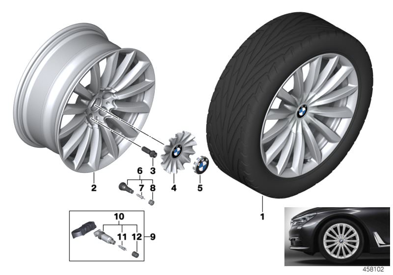 Picture board BMW LA wheel V-spoke 620 - 19´´ for the BMW 7 Series models  Original BMW spare parts from the electronic parts catalog (ETK) for BMW motor vehicles (car)   Hub cap with chrome edge, Hub cap, silver, Light alloy disc wheel Reflexsilber, Repa