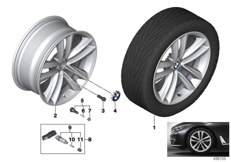 Picture board BMW LA wheel double spoke 630 - 19´´ for the BMW 7 Series models  Original BMW spare parts from the electronic parts catalog (ETK) for BMW motor vehicles (car)   Hub cap with chrome edge, Light alloy rim Ferricgrey, Repair kit, screw-type va