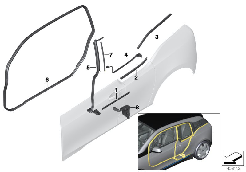 Picture board Trims and seals, door, rear for the BMW i Series models  Original BMW spare parts from the electronic parts catalog (ETK) for BMW motor vehicles (car)   Finisher B-pillar, outer right, Foam part, door, rear right, Outer weatherstrip, rear le