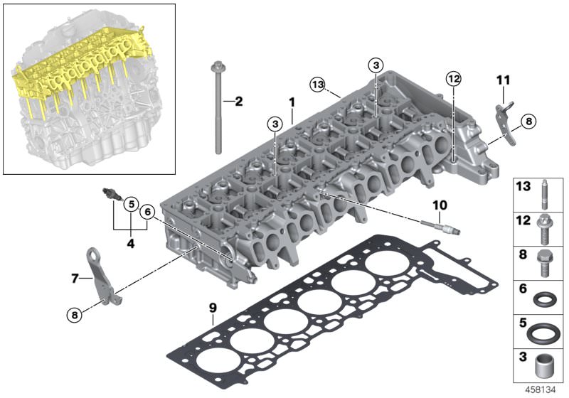 Picture board Cylinder head/Mounting parts for the BMW 3 Series models  Original BMW spare parts from the electronic parts catalog (ETK) for BMW motor vehicles (car)   ASA-Bolt, ASA-stud bolt, Cylinder head, Cylinder head gasket, Dowel, Dowel pin, Hex Bol