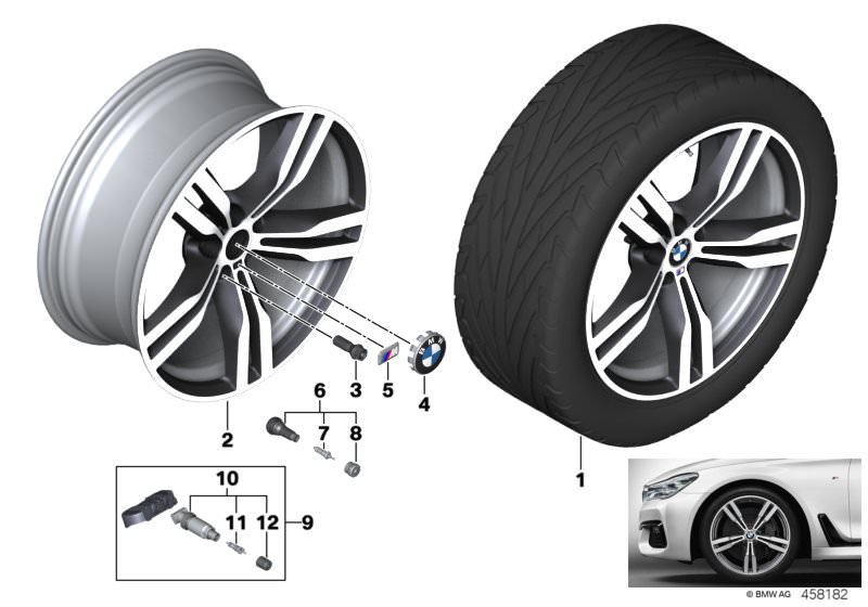 Picture board BMW LA wheel double spoke 648M - 20´´ for the BMW 7 Series models  Original BMW spare parts from the electronic parts catalog (ETK) for BMW motor vehicles (car)   Disc wheel, light alloy, Orbitgrey, Hub cap with chrome edge, M badge, Repair 