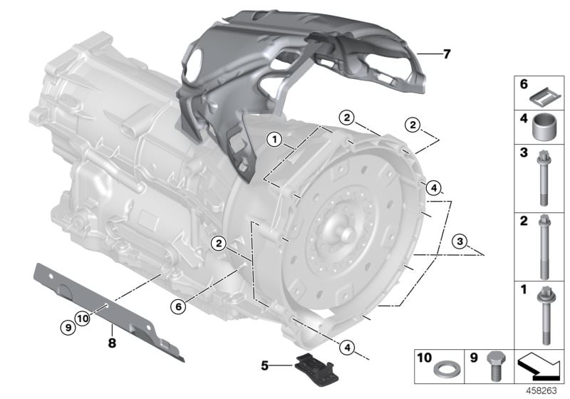 Picture board Transmission mounting / suspension for the BMW 2 Series models  Original BMW spare parts from the electronic parts catalog (ETK) for BMW motor vehicles (car)   ASA-Bolt, Cap, Dowel, Heat resistant plate, Hex Bolt with washer, Sound insulatio