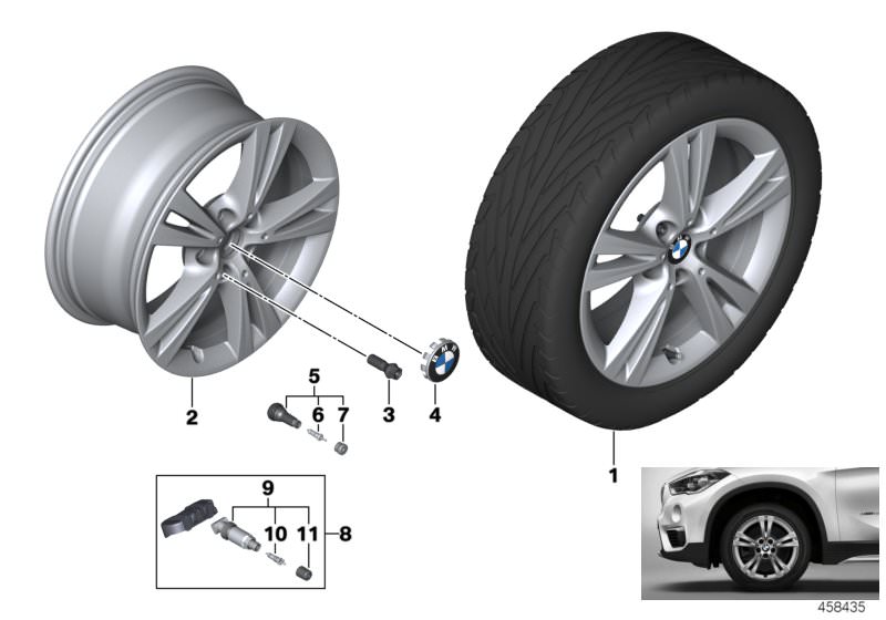 Picture board BMW LA wheel, double spoke 385 - 17´´ for the BMW X Series models  Original BMW spare parts from the electronic parts catalog (ETK) for BMW motor vehicles (car)   Disc wheel, light alloy, reflex-silber, Hub cap with chrome edge, Repair kit, 