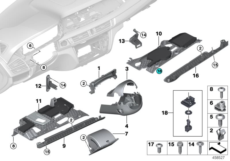 Picture board Mounting parts, instrument panel, bottom for the BMW X Series models  Original BMW spare parts from the electronic parts catalog (ETK) for BMW motor vehicles (car)   Bracket, passenger´s footwell trim panel, C-clip plastic nut, Clamp, Fillis