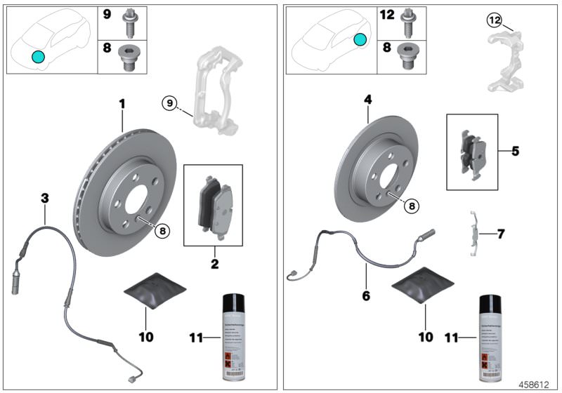 Picture board Service, brakes for the BMW X Series models  Original BMW spare parts from the electronic parts catalog (ETK) for BMW motor vehicles (car) 