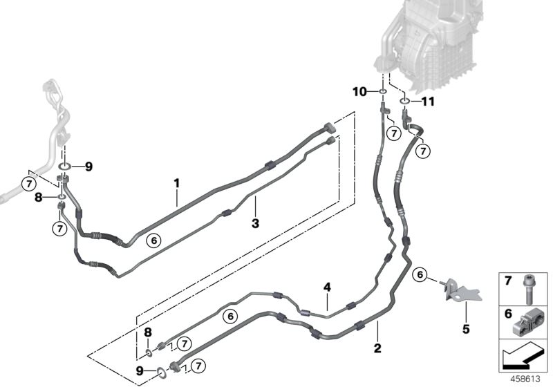 Bildtafel Kältemittelleitungen Heckklima für die BMW 7er Modelle  Original BMW Ersatzteile aus dem elektronischen Teilekatalog (ETK) für BMW Kraftfahrzeuge( Auto)    Dichtring, Doppelclip, Druckleitung Unterflur Teil 1, Druckleitung Unterflur Teil 2, ISA-