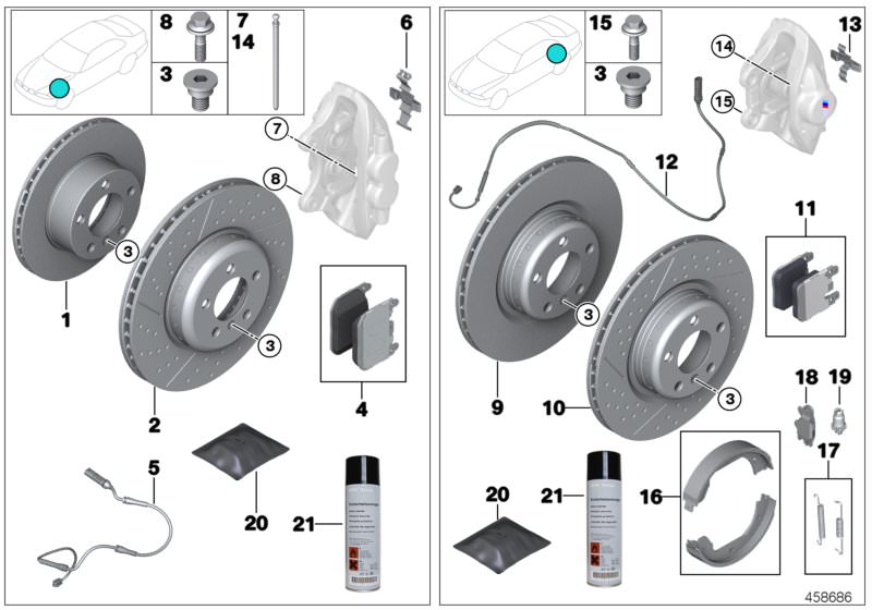 Picture board Service, brakes for the BMW 1 Series models  Original BMW spare parts from the electronic parts catalog (ETK) for BMW motor vehicles (car) 