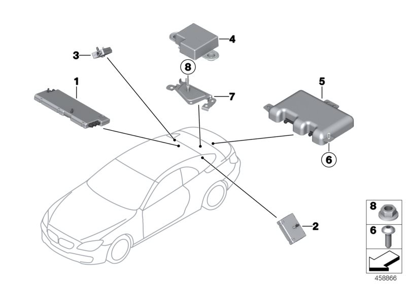 Picture board SINGLE PARTS F ANTENNA-DIVERSITY for the BMW 6 Series models  Original BMW spare parts from the electronic parts catalog (ETK) for BMW motor vehicles (car)   Antenna amplifier, Diversity, Back-Up Antenna, Hex nut, Holder emergency aerial, Mu